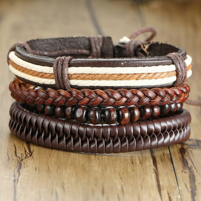 Vnox 4Pcs/ Set Braided Wrap Leather Bracelets for Men Vintage Life Tree Rudder Charm Wood Beads Ethnic Tribal Wristbands