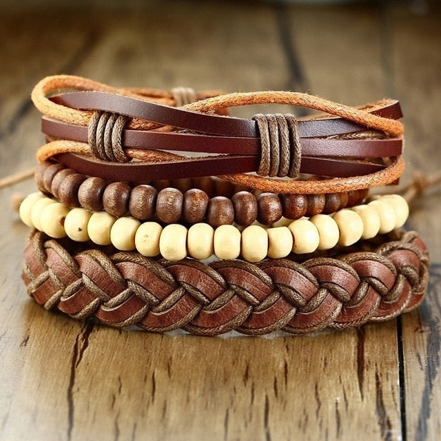 Vnox 4Pcs/ Set Braided Wrap Leather Bracelets for Men Vintage Life Tree Rudder Charm Wood Beads Ethnic Tribal Wristbands