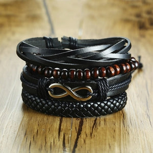 Vnox 4Pcs/ Set Braided Wrap Leather Bracelets for Men Vintage Life Tree Rudder Charm Wood Beads Ethnic Tribal Wristbands