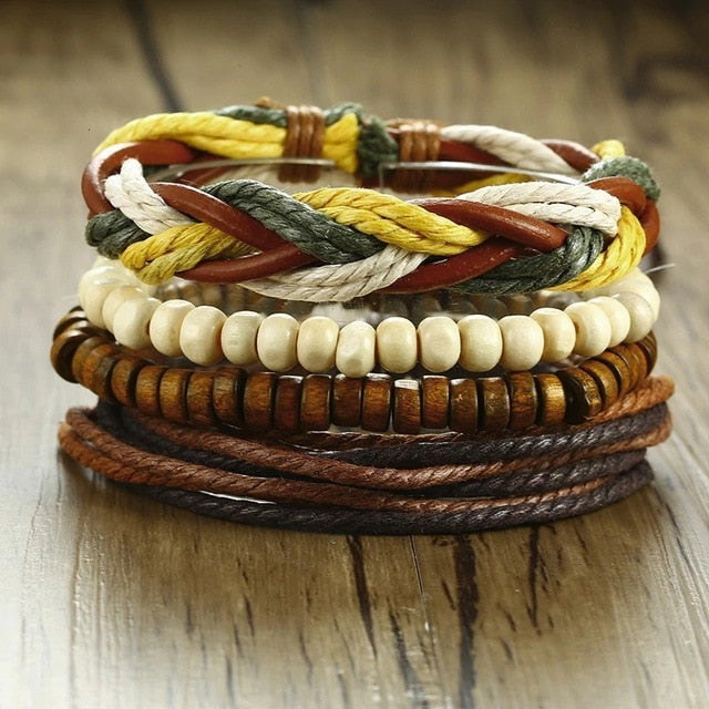 Vnox 4Pcs/ Set Braided Wrap Leather Bracelets for Men Vintage Life Tree Rudder Charm Wood Beads Ethnic Tribal Wristbands