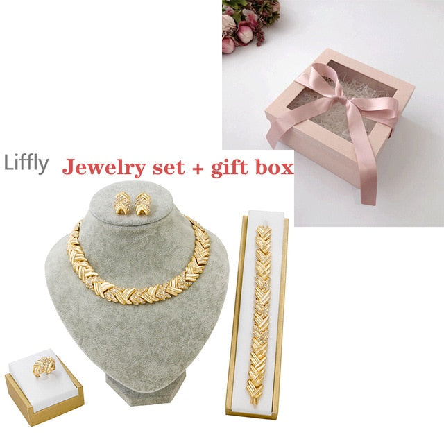 Liffly Bridal Dubai Gold Jewelry Sets Crystal Necklace Bracelet Nigerian Wedding Party Women Fashion Jewelry Set