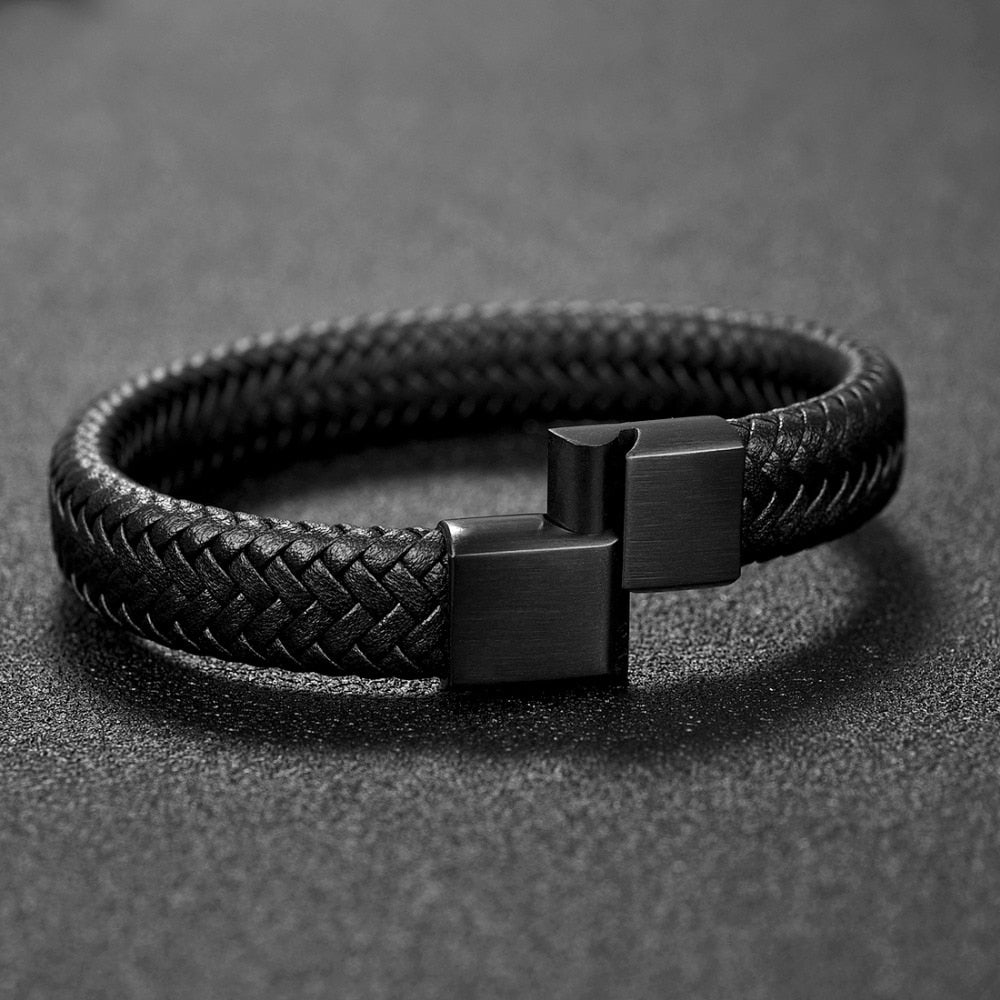 Jiayiqi Punk Men Jewelry Black/Brown Braided Leather Bracelet Stainless Steel Magnetic Clasp Fashion Bangles 18.5/22/20.5cm