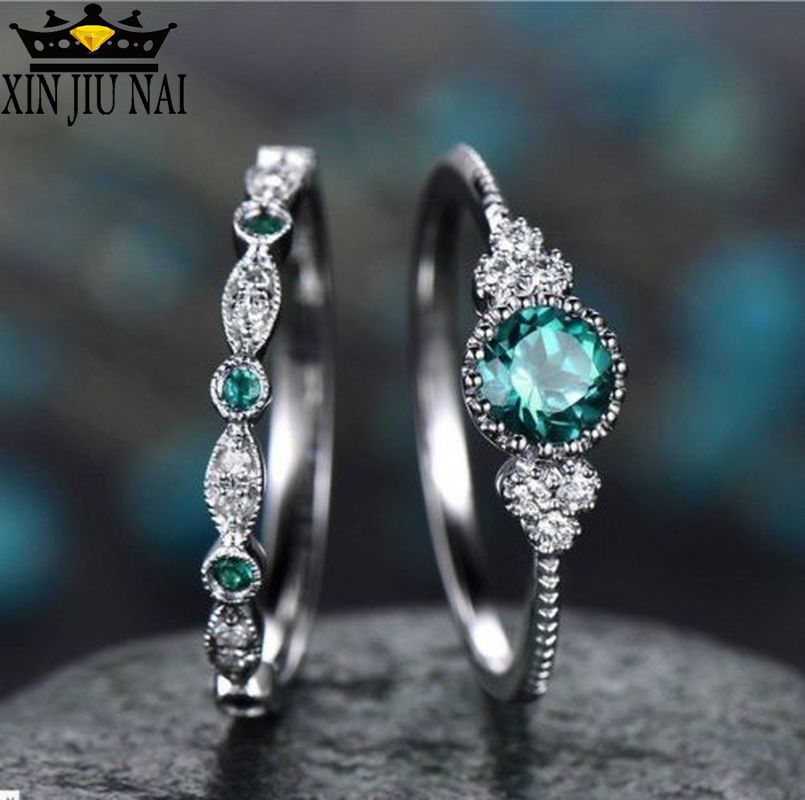 3 Colors Stackable Double Rings Sets For Women 925 Silver Round Green Blue Zircon Stone Engagement Female Birthstone Ring