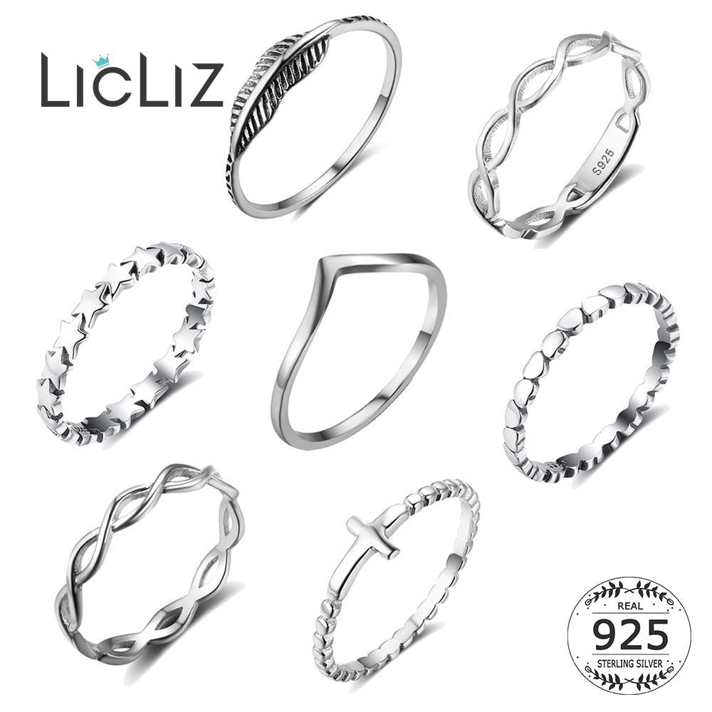 LicLiz 2019 Simple 925 Sterling Silver V Shape Rings for Women Heart Star Leaf Braided Band Silver Jewelry Joyas de Plata LR0470