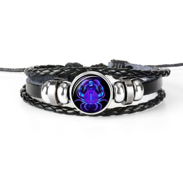 12 Constellation Zodiac Sign Black Braided Leather Bracelet Cancer Leo Virgo Libra Woven Glass Dome Jewelry Punk Men Bracelet