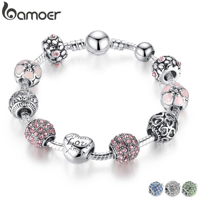 BAMOER Antique Silver Charm Bracelet & Bangle with Love and Flower Beads Women Wedding Jewelry 4 Colors 18CM 20CM 21CM PA1455