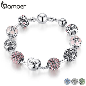 BAMOER Antique Silver Charm Bracelet & Bangle with Love and Flower Beads Women Wedding Jewelry 4 Colors 18CM 20CM 21CM PA1455