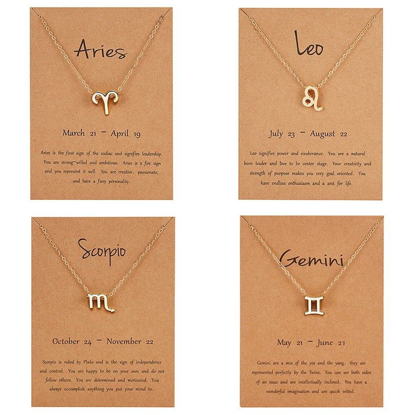 12 Constellation Pendant Gold Necklace Jewelry Choker Necklace Zodiac Sign Charm Necklace Birthday Gift Wish Card for Women Girl