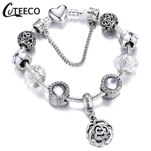 CUTEECO 925 Fashion Silver Charms Bracelet Bangle For Women Crystal Flower Fairy Bead Fit Brand Bracelets Jewelry Pulseras Mujer