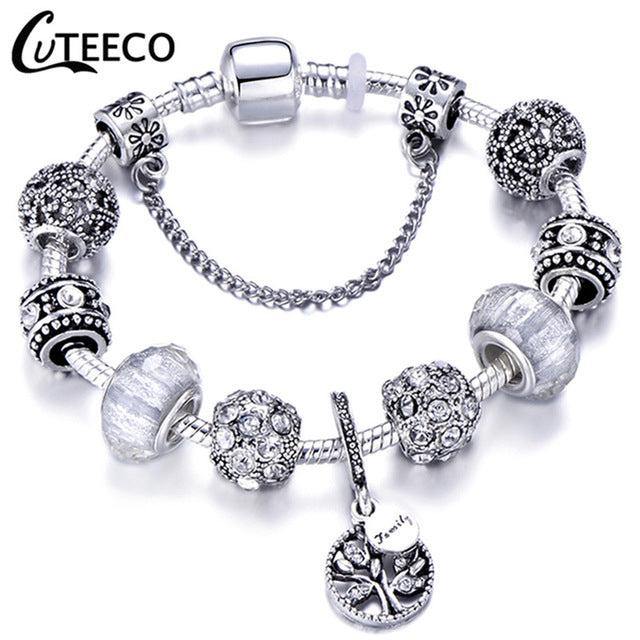 CUTEECO 925 Fashion Silver Charms Bracelet Bangle For Women Crystal Flower Fairy Bead Fit Brand Bracelets Jewelry Pulseras Mujer