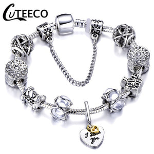 CUTEECO 925 Fashion Silver Charms Bracelet Bangle For Women Crystal Flower Fairy Bead Fit Brand Bracelets Jewelry Pulseras Mujer