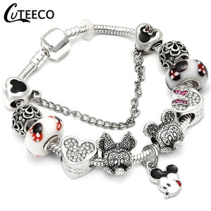 CUTEECO 925 Fashion Silver Charms Bracelet Bangle For Women Crystal Flower Fairy Bead Fit Brand Bracelets Jewelry Pulseras Mujer