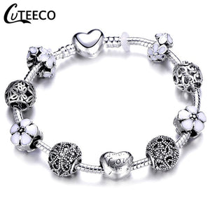 CUTEECO 925 Fashion Silver Charms Bracelet Bangle For Women Crystal Flower Fairy Bead Fit Brand Bracelets Jewelry Pulseras Mujer