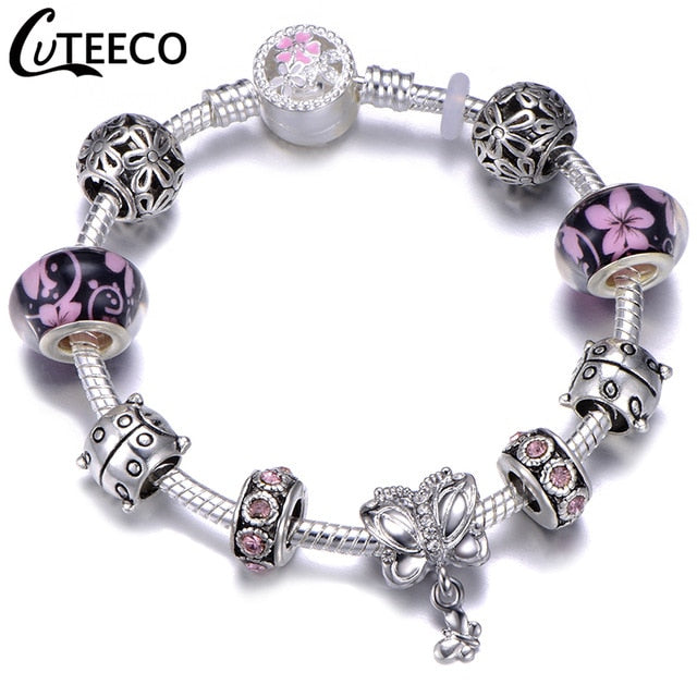 CUTEECO 925 Fashion Silver Charms Bracelet Bangle For Women Crystal Flower Fairy Bead Fit Brand Bracelets Jewelry Pulseras Mujer