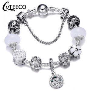 CUTEECO 925 Fashion Silver Charms Bracelet Bangle For Women Crystal Flower Fairy Bead Fit Brand Bracelets Jewelry Pulseras Mujer