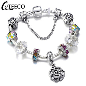 CUTEECO 925 Fashion Silver Charms Bracelet Bangle For Women Crystal Flower Fairy Bead Fit Brand Bracelets Jewelry Pulseras Mujer