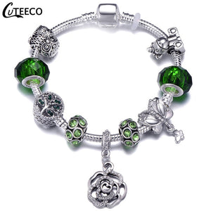 CUTEECO 925 Fashion Silver Charms Bracelet Bangle For Women Crystal Flower Fairy Bead Fit Brand Bracelets Jewelry Pulseras Mujer