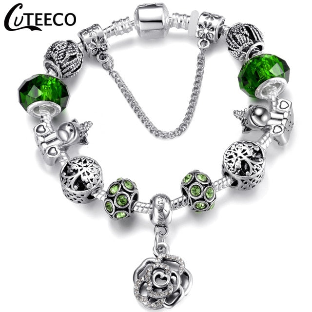 CUTEECO 925 Fashion Silver Charms Bracelet Bangle For Women Crystal Flower Fairy Bead Fit Brand Bracelets Jewelry Pulseras Mujer