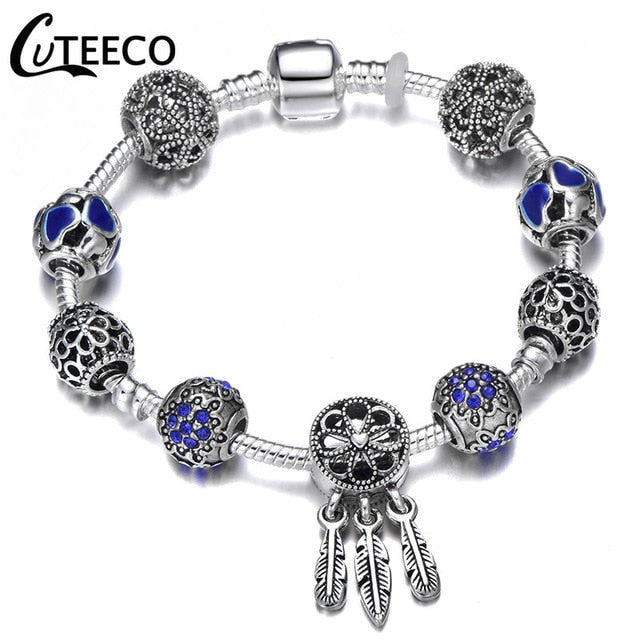 CUTEECO 925 Fashion Silver Charms Bracelet Bangle For Women Crystal Flower Fairy Bead Fit Brand Bracelets Jewelry Pulseras Mujer