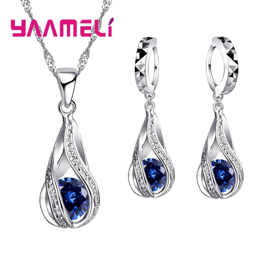 Hot Water Drop CZ 925 Sterling Silver Jewelry Set For Women Pendant Necklace Hoop Earrings Wedding Party Ceremoey Anel