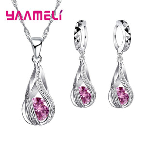 Hot Water Drop CZ 925 Sterling Silver Jewelry Set For Women Pendant Necklace Hoop Earrings Wedding Party Ceremoey Anel