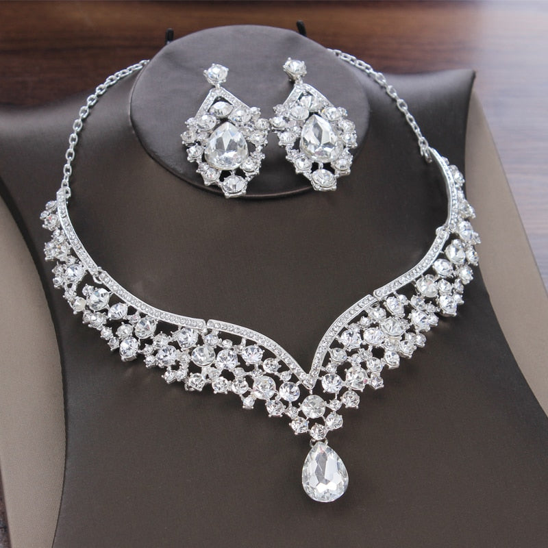 Baroque Crystal Water Drop Bridal Jewelry Sets Rhinestone Tiaras Crown Necklace Earrings for Bride Wedding Dubai Jewelry Set