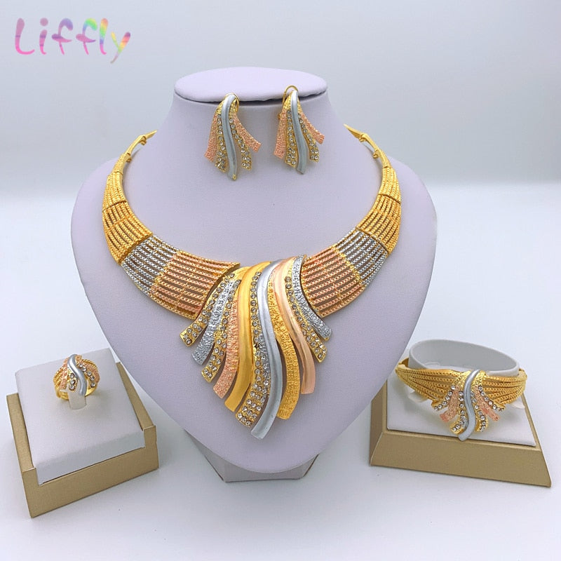 Liffly New Indian Jewelry Sets Multicolor Bridal Wedding Big Crystal Dubai Gold Jewelry Sets for Women Necklace Earrings