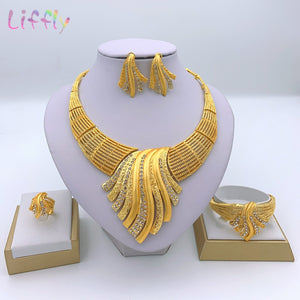 Liffly New Indian Jewelry Sets Multicolor Bridal Wedding Big Crystal Dubai Gold Jewelry Sets for Women Necklace Earrings