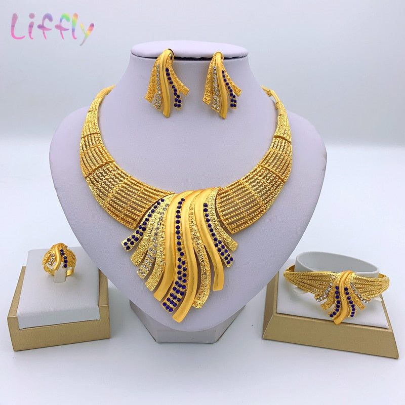 Liffly New Indian Jewelry Sets Multicolor Bridal Wedding Big Crystal Dubai Gold Jewelry Sets for Women Necklace Earrings