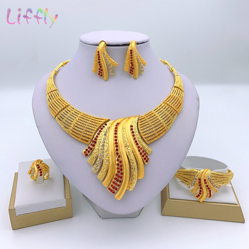 Liffly New Indian Jewelry Sets Multicolor Bridal Wedding Big Crystal Dubai Gold Jewelry Sets for Women Necklace Earrings