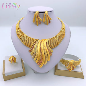 Liffly New Indian Jewelry Sets Multicolor Bridal Wedding Big Crystal Dubai Gold Jewelry Sets for Women Necklace Earrings